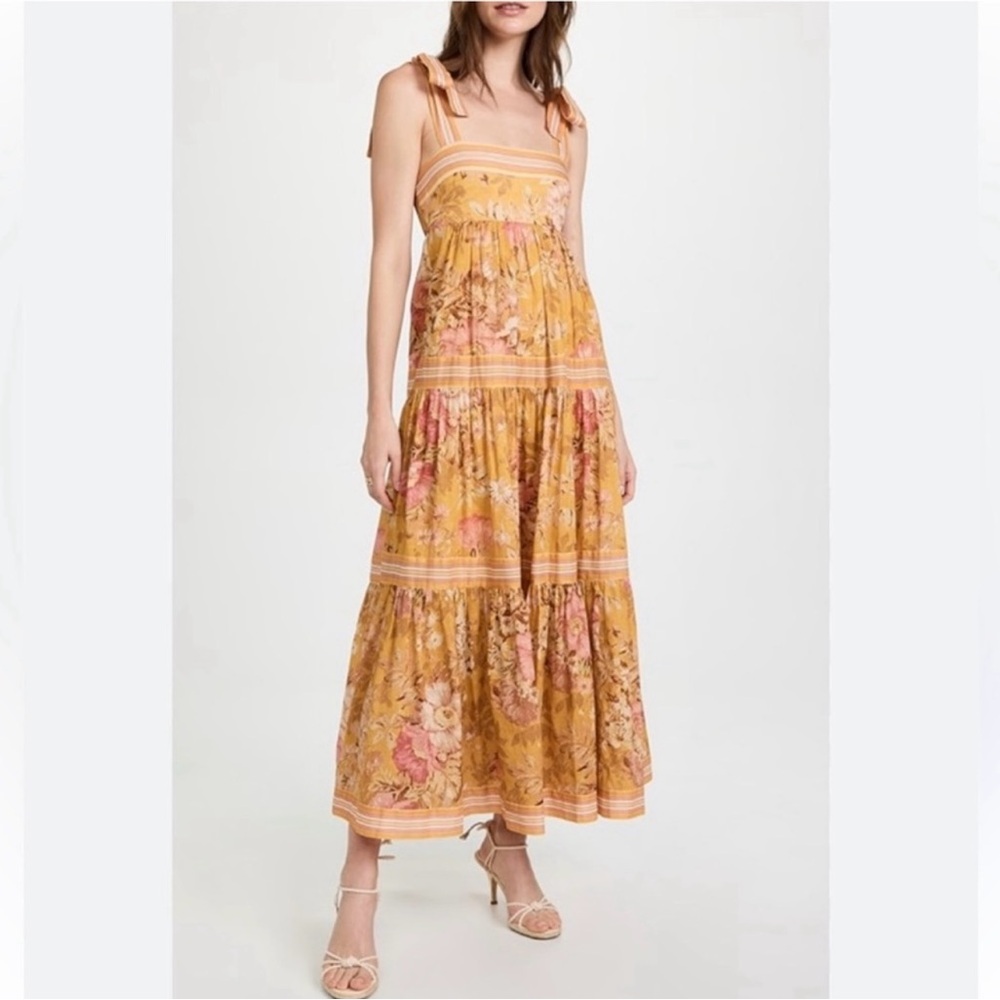 Zimmermann Mustard Floral Tiered Maxi Dress with Pink Accents